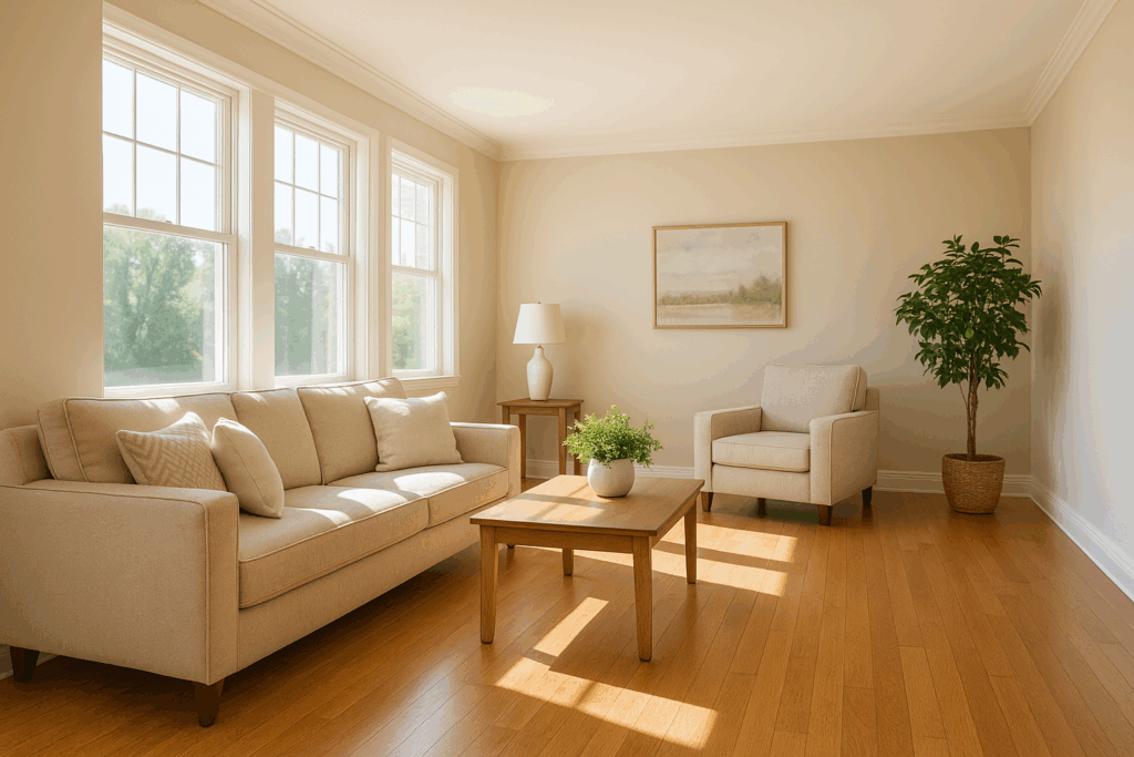 Bright, clean Florida-style living room in Sanford with hardwood floors and sunlight streaming in