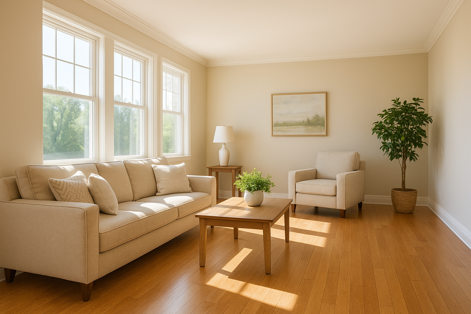 Bright, clean Florida-style living room in Sanford with hardwood floors and sunlight streaming in